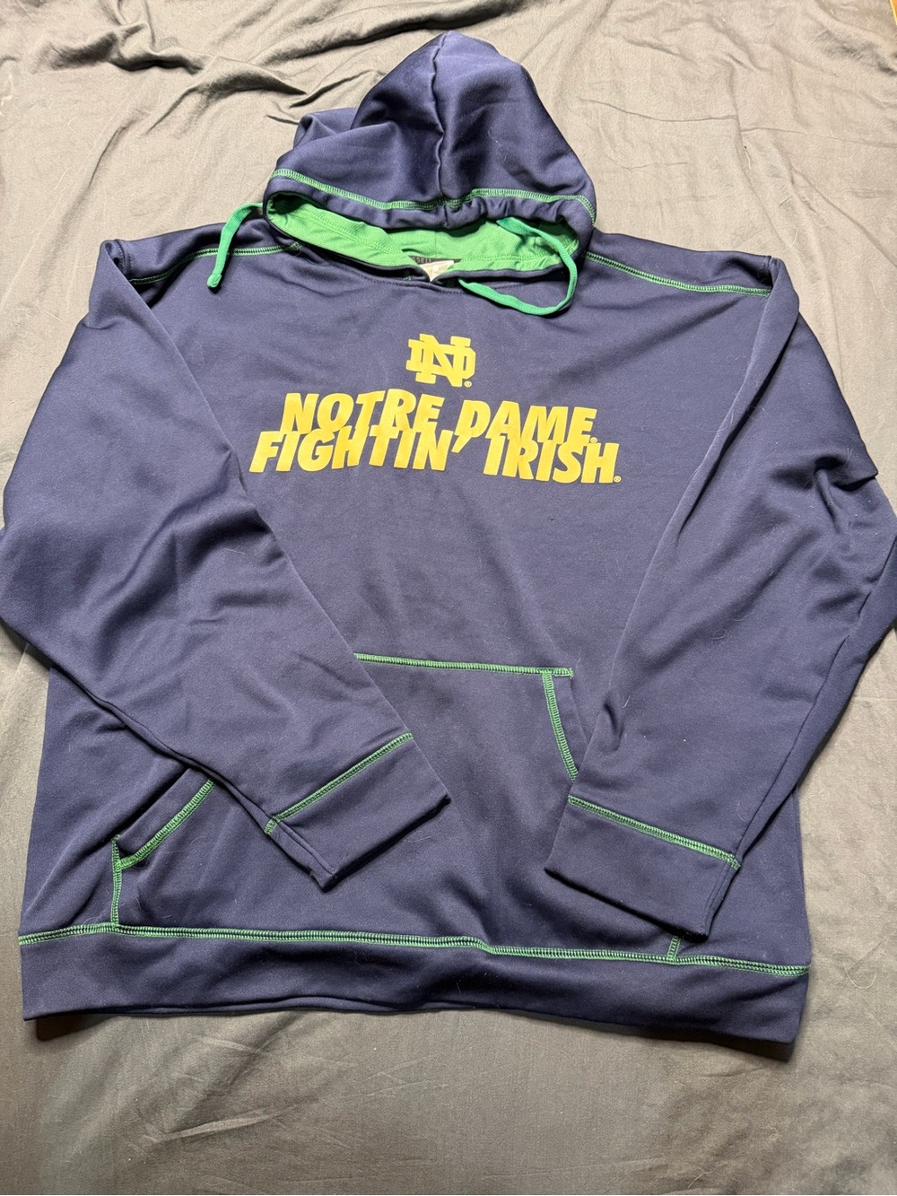 Russell Athletic Navy Hoodie with Yellow Notre Dame Graphic and Green Accents